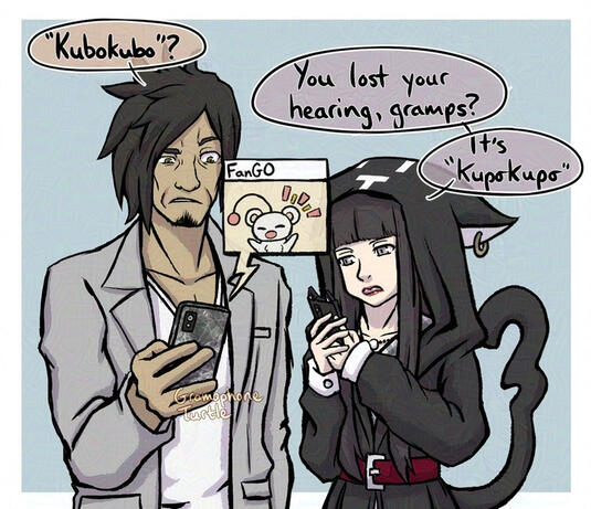 Example of a basic background with a solid rectangle behind Kubo and Shoka from NEO: The World Ends With You