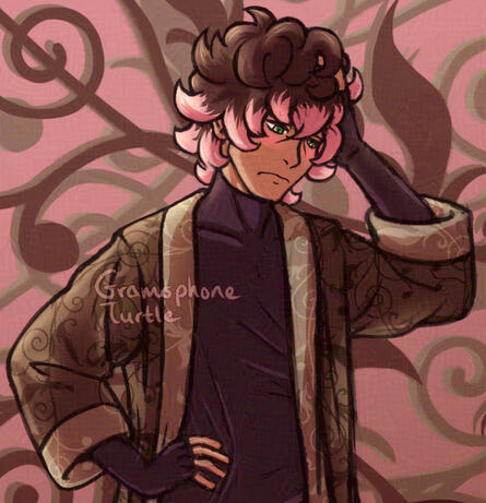 Higher end of the Simple Background option. Has a gradient pink background with multiple layers of ivy. Features my original character Null.