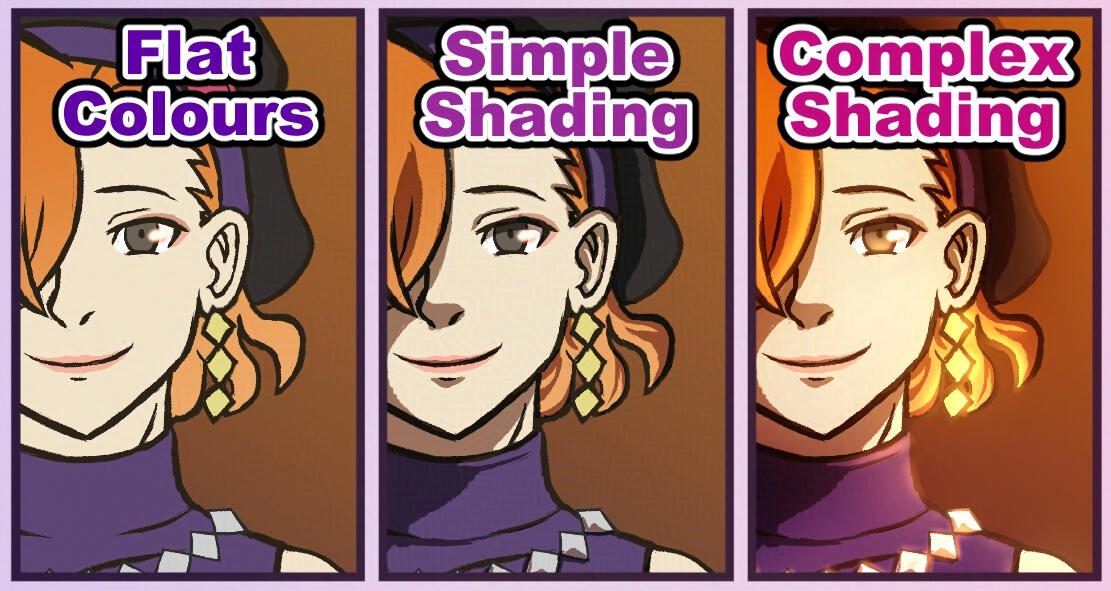 Flat Colours vs Simple Shading vs Complex Shading Colouring Examples showing flat colours, simple shading and complex shading